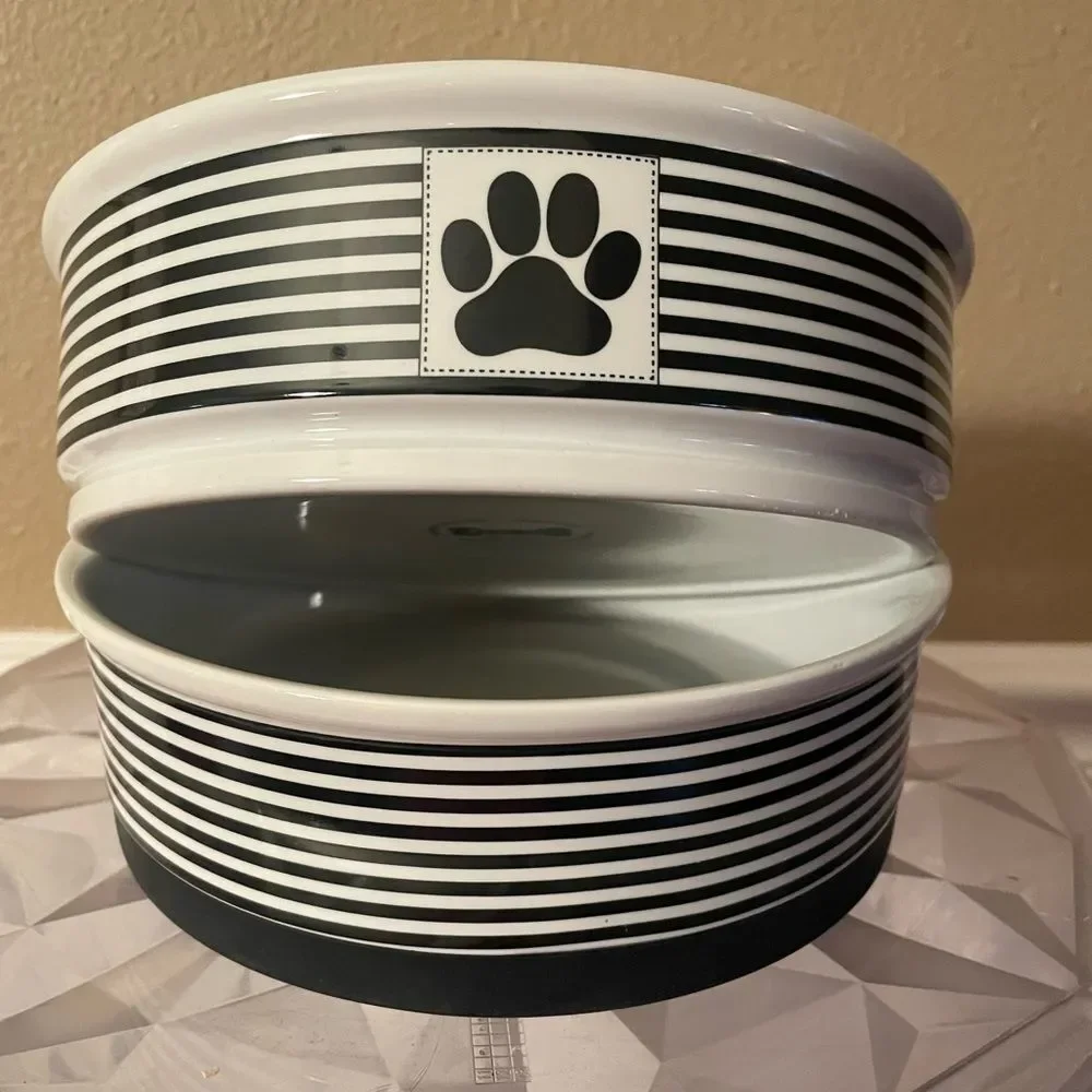 Bone Dry Classic Black and White Ceramic Sturdy Dog Bowls x 2